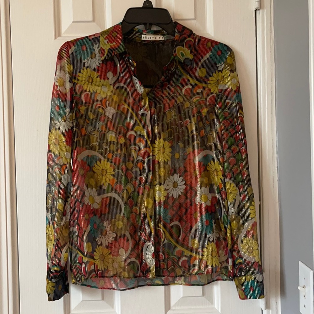 Alice + Olivia semi sheer blouse with golden piping